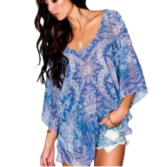 Show Me Your MuMu Tops - Show Me Your Mumu Floral Flowy Batwing "Moon" Tunic Top Blue/White Size X-Small
